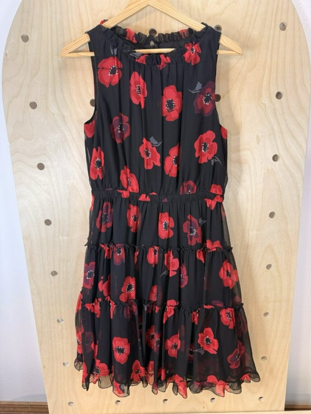 Kate Spade Poppy Chiffon Fit & Flare Mini Dress 6 Ruffles Red Black Silk Floral - Picture 2 of 16